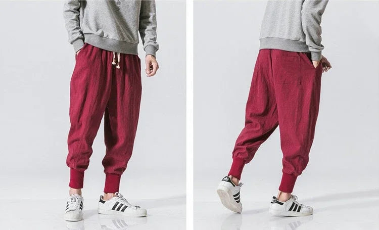 Men’s Cotton Linen Harem Jogger Pants – Baggy Drop-Crotch Streetwear Trousers