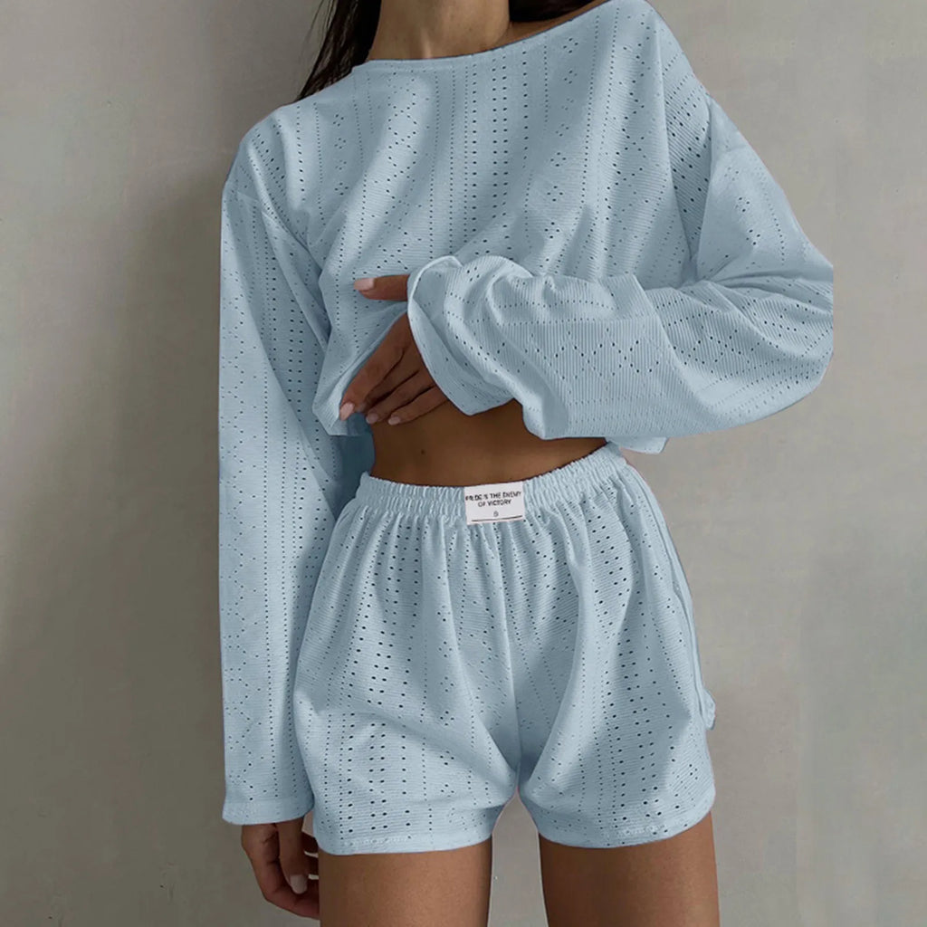 Women’s 2-Piece Casual Shorts Set – O-Neck Long Sleeve Lounge Co-ord Outfit