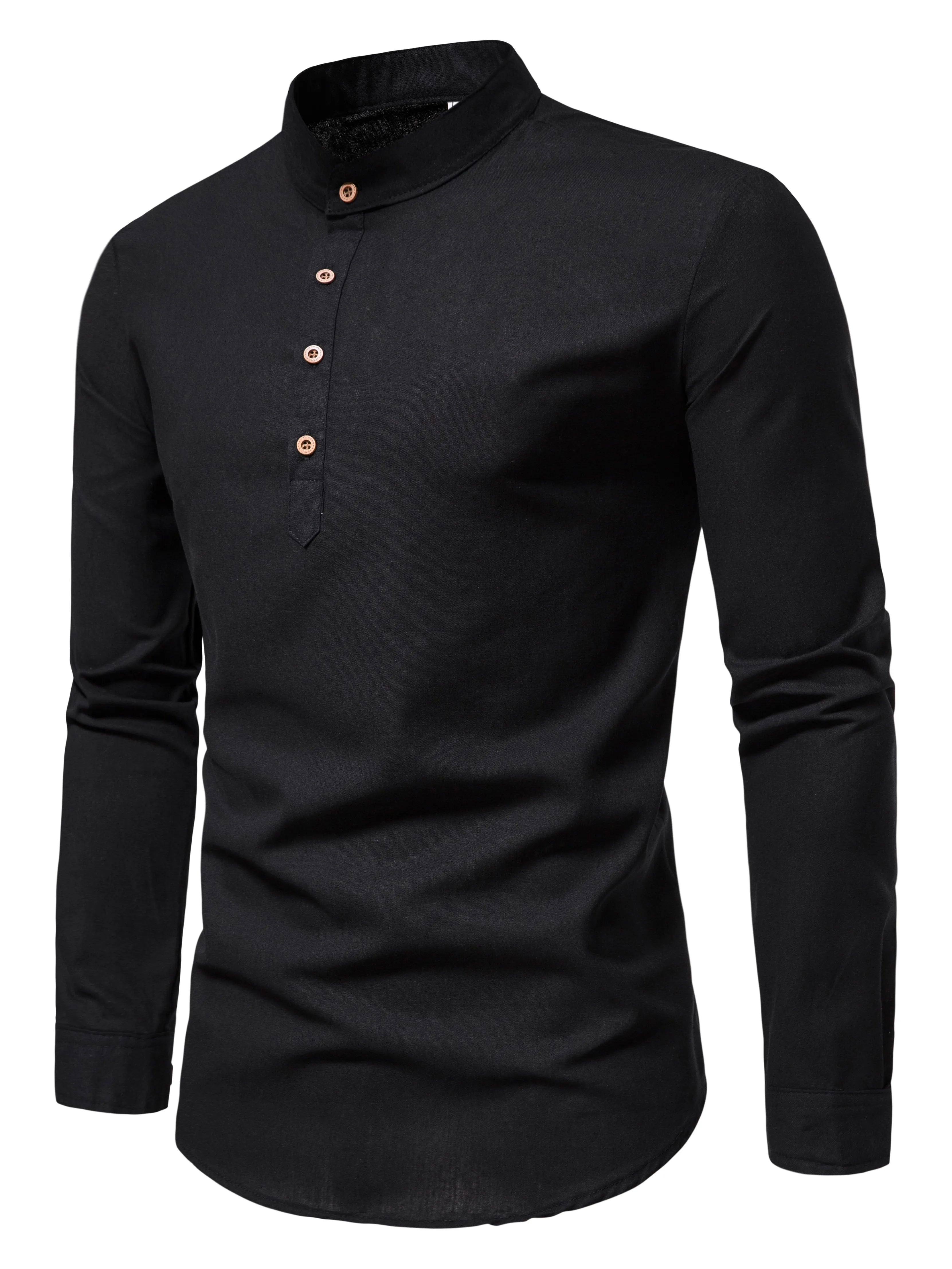Men's Pure Cotton Slim Fit Stand Collar Shirt – Elegant Long Sleeve Spring Top