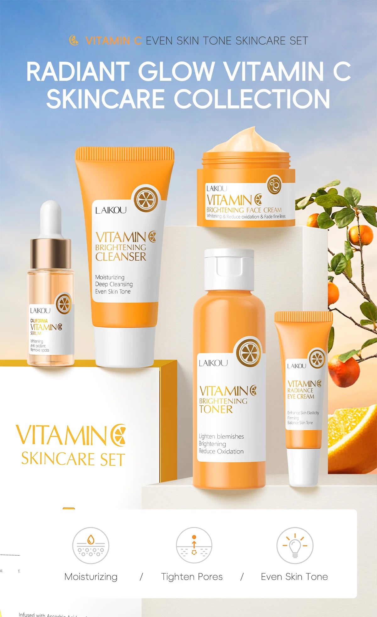 LAIKOU Vitamin C Brightening Skincare Set – 5-Piece Anti-Aging Glow Kit