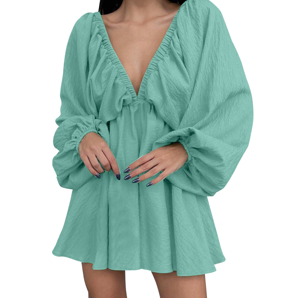 Women’s Deep V-Neck Pleated Wrap Dress – Elegant Long Sleeve Solid Casual