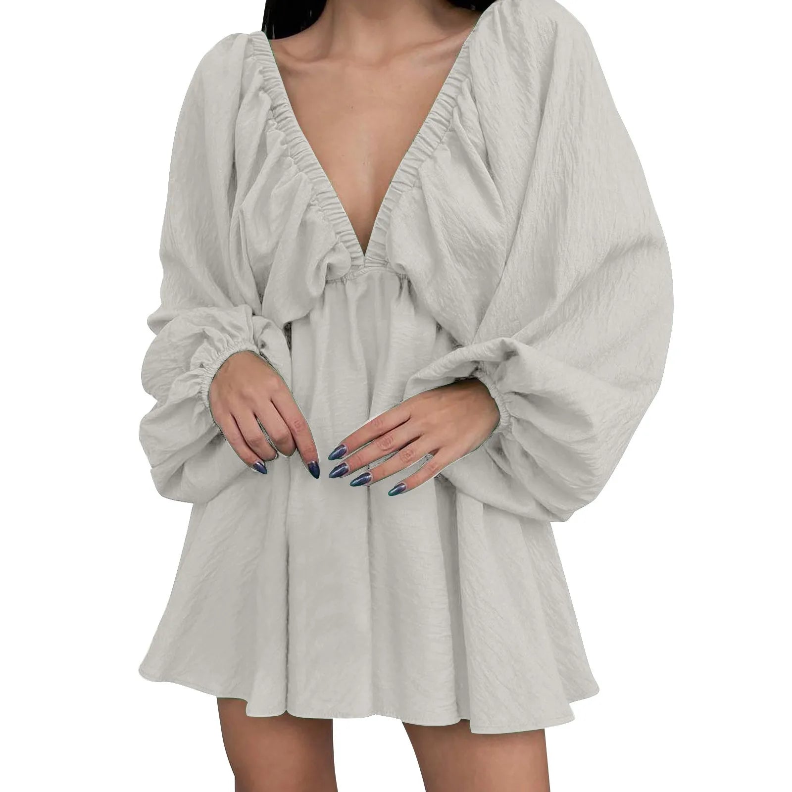 Women’s Deep V-Neck Pleated Wrap Dress – Elegant Long Sleeve Solid Casual