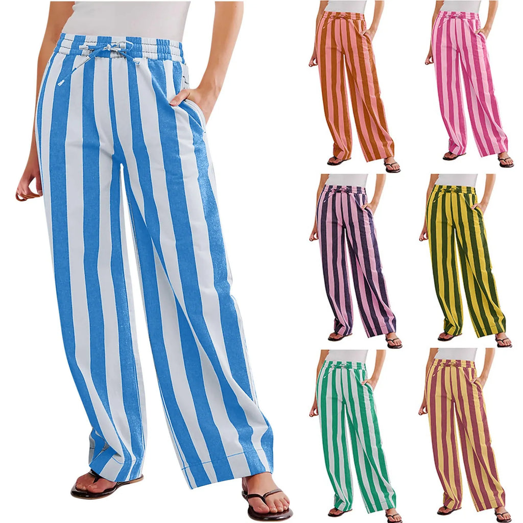 Women’s Striped High Waist Wide Leg Palazzo Pants – Color Block Lounge Trousers