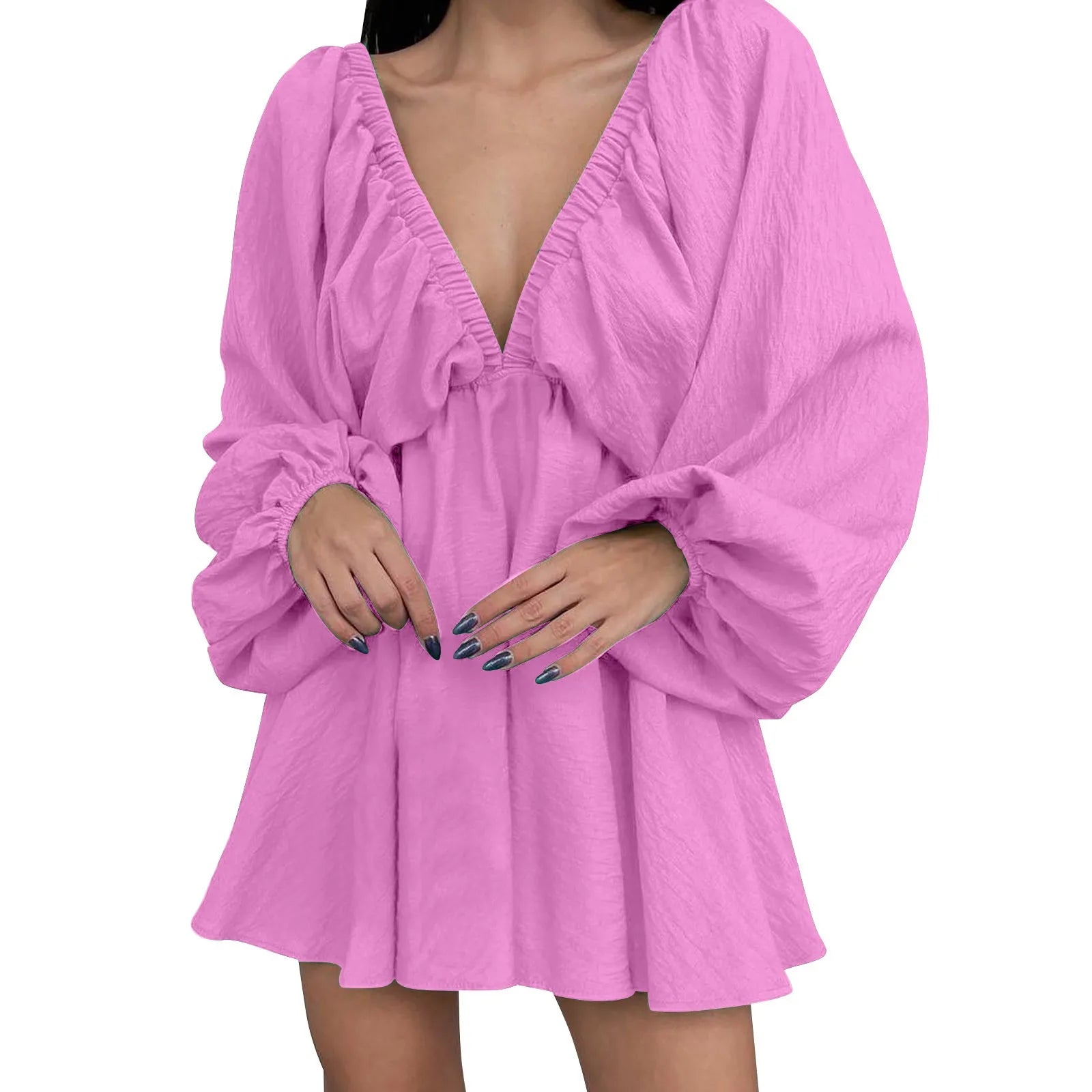 Women’s Deep V-Neck Pleated Wrap Dress – Elegant Long Sleeve Solid Casual