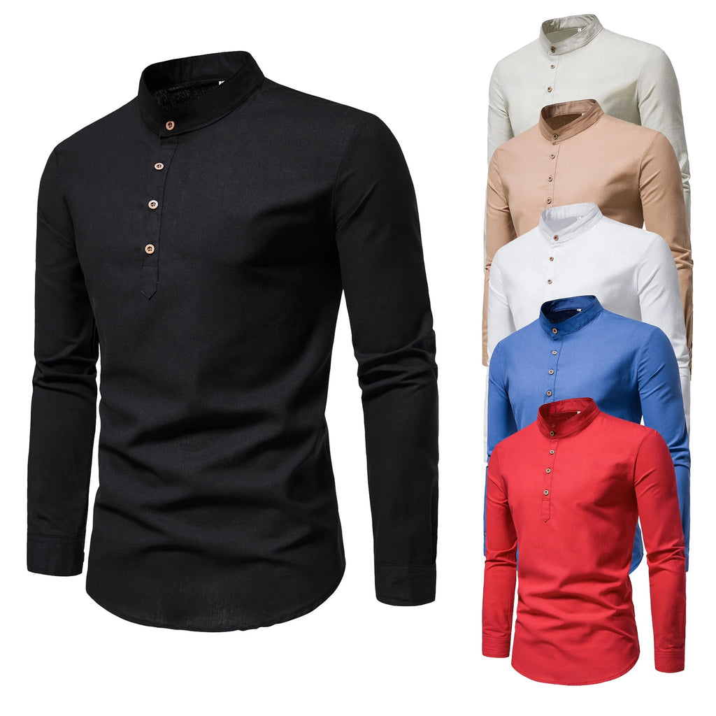 Men's Pure Cotton Slim Fit Stand Collar Shirt – Elegant Long Sleeve Spring Top
