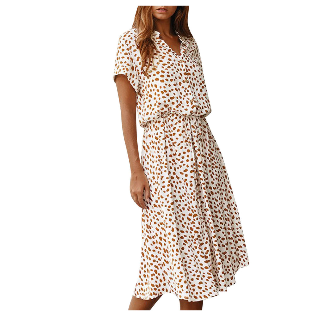 Women’s Polka Dot Button Summer Dress – Drawstring High Waist Knee Length