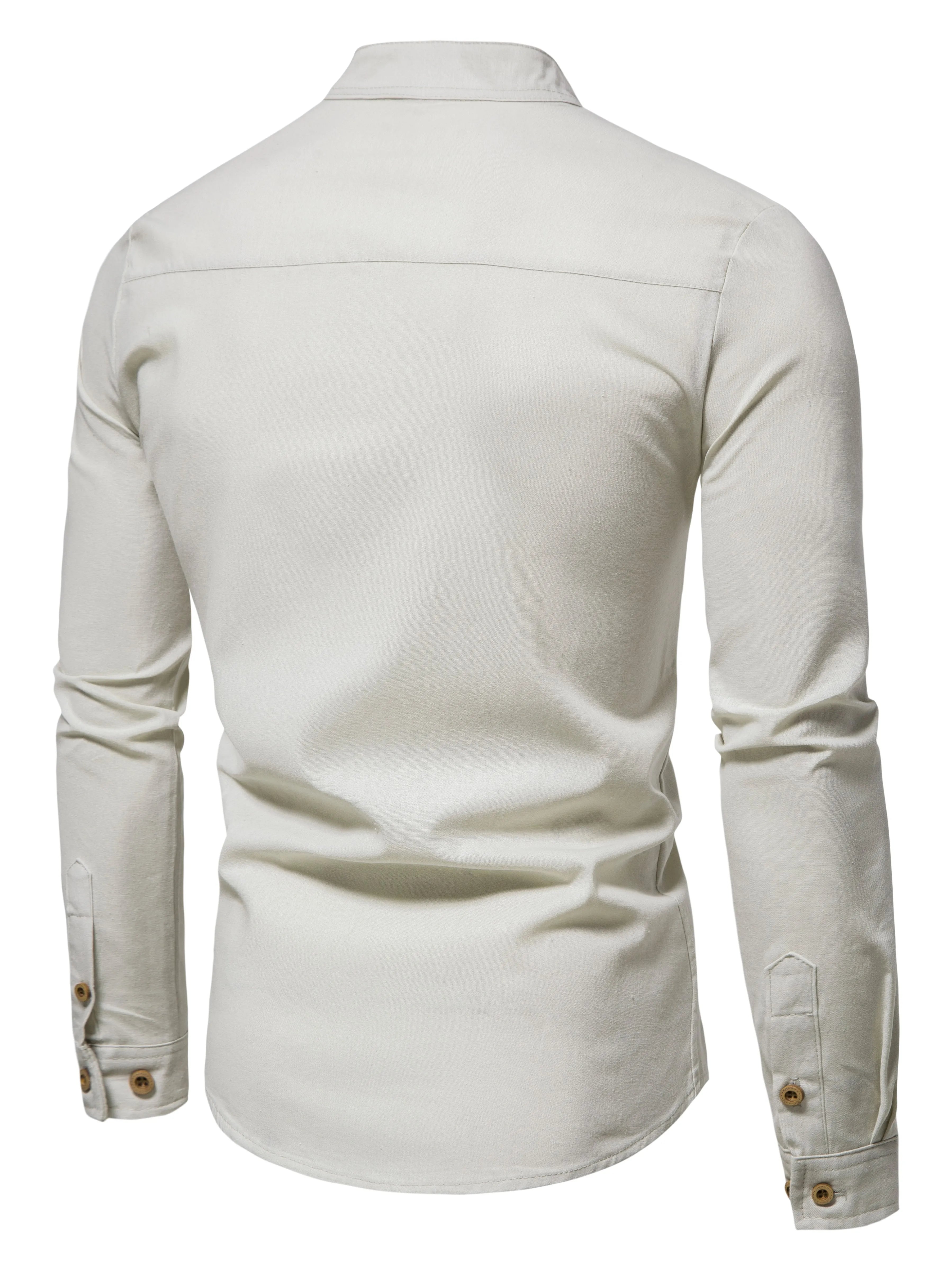 Men's Pure Cotton Slim Fit Stand Collar Shirt – Elegant Long Sleeve Spring Top