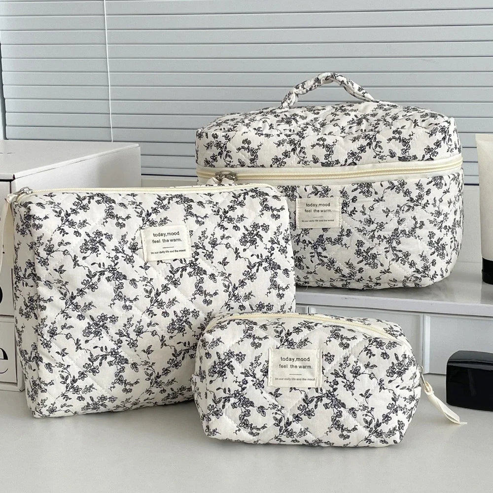 Black Floral Quilted Makeup Tote Bag – Travel Cosmetic Handbag Organizer