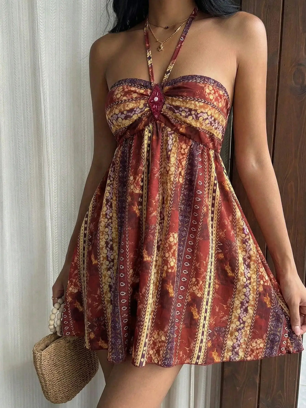 Bohemian Paisley Sequin Halter Mini Dress – Women’s Retro Summer Party Dress