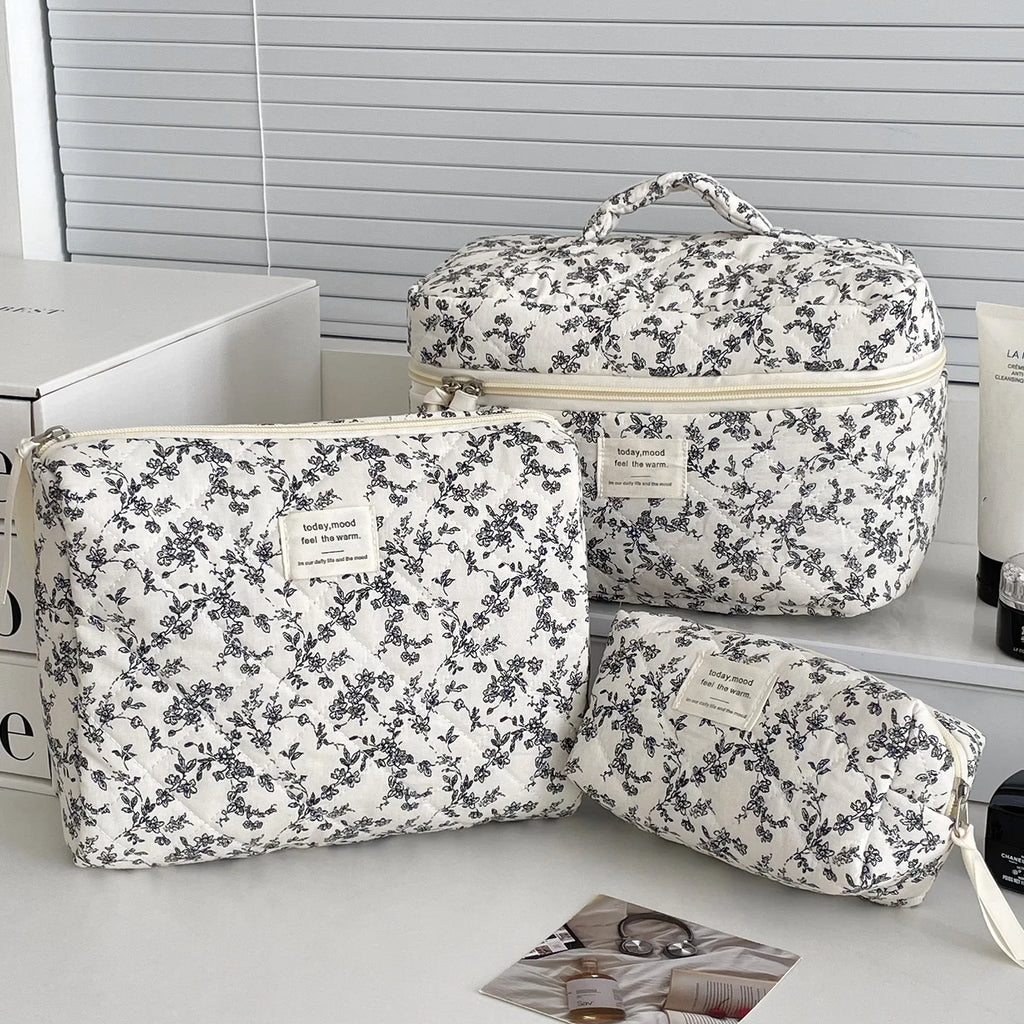 Black Floral Quilted Makeup Tote Bag – Travel Cosmetic Handbag Organizer