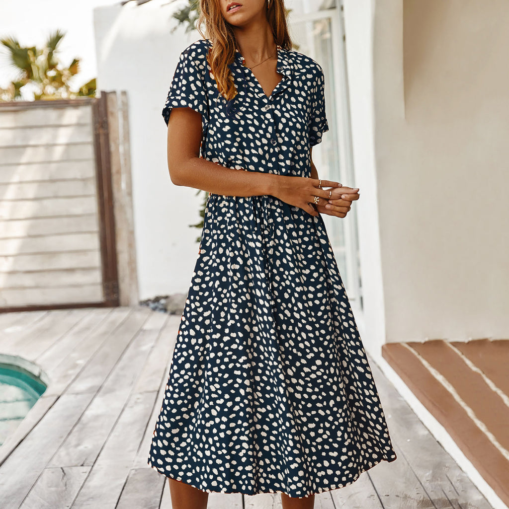 Women’s Polka Dot Button Summer Dress – Drawstring High Waist Knee Length