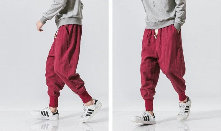Men’s Cotton Linen Harem Jogger Pants – Baggy Drop-Crotch Streetwear Trousers