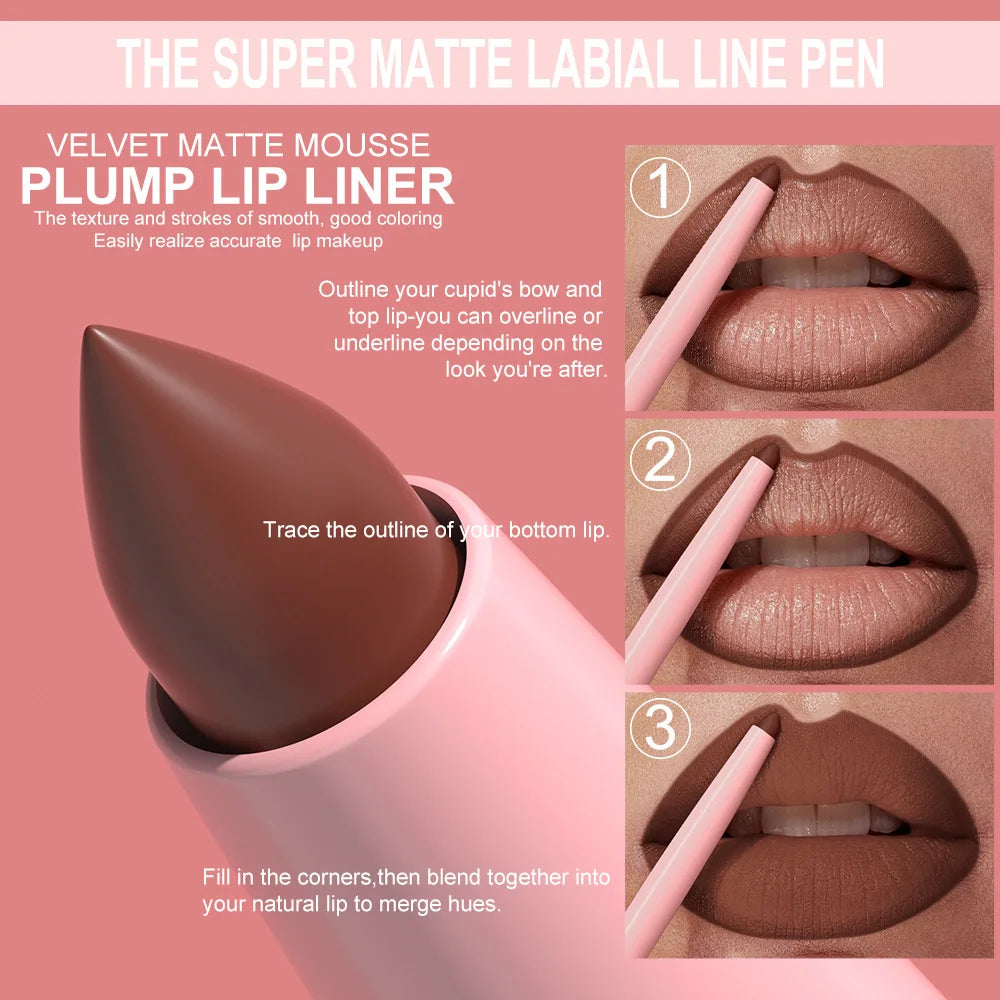 12-Color Matte Lip Liner Pencil Set – Waterproof Highly Pigmented Nude Pink