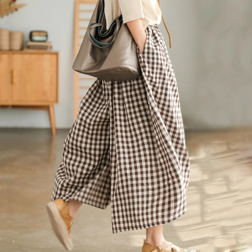 Women’s High Waist Checkered Wide Leg Culotte Pants – A-Line Pocket Trousers