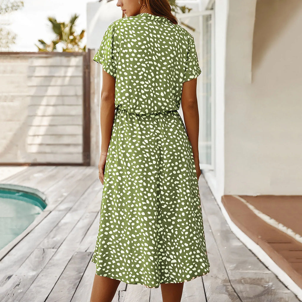 Women’s Polka Dot Button Summer Dress – Drawstring High Waist Knee Length