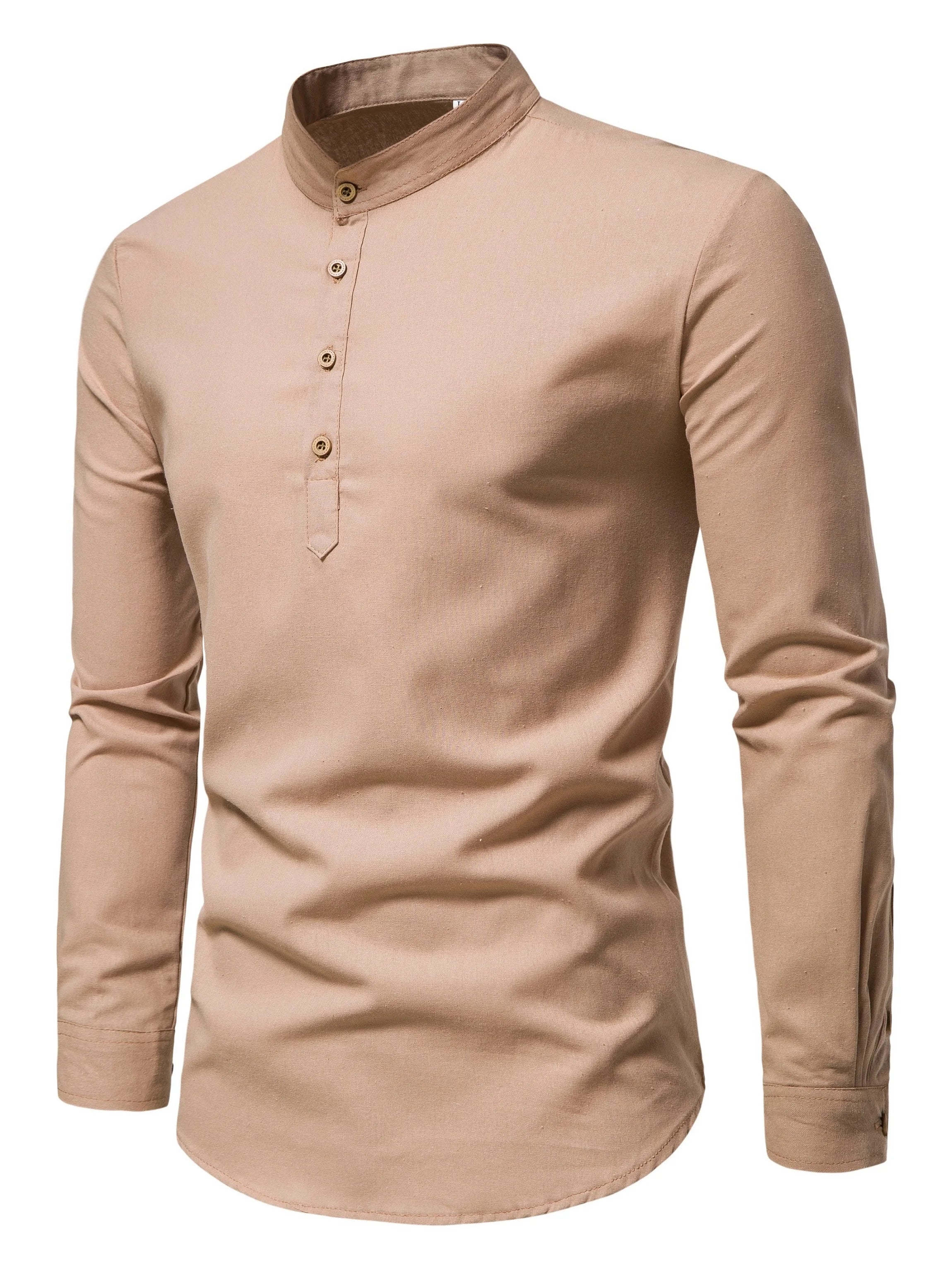 Men's Pure Cotton Slim Fit Stand Collar Shirt – Elegant Long Sleeve Spring Top