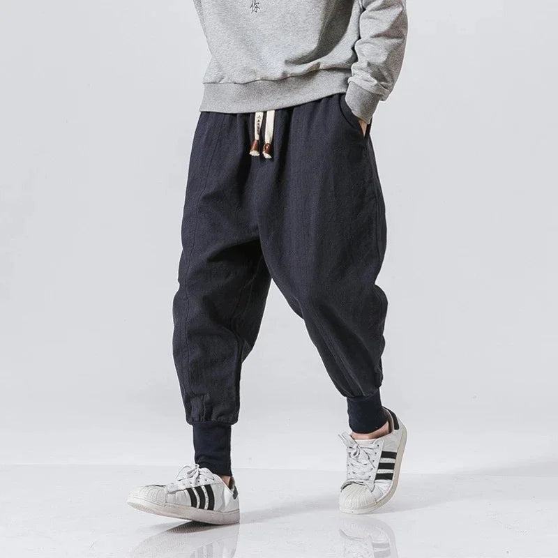 Men’s Cotton Linen Harem Jogger Pants – Baggy Drop-Crotch Streetwear Trousers