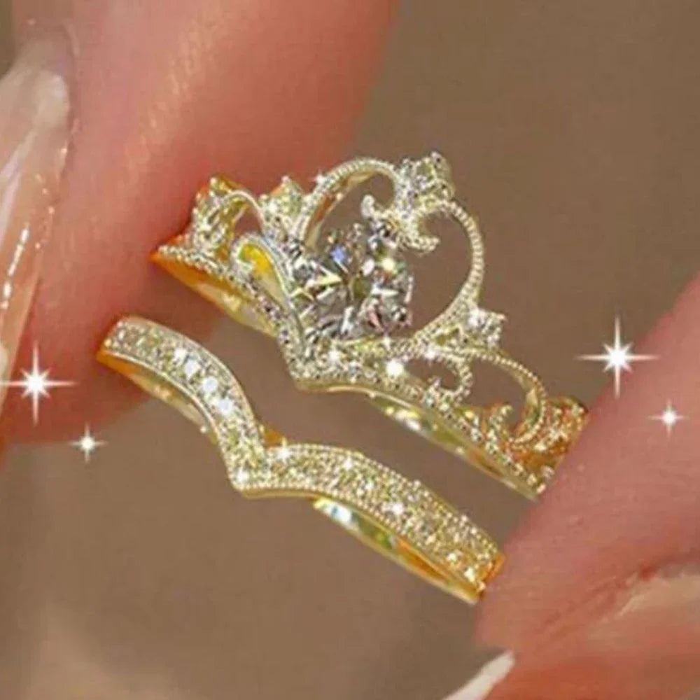 Fairy Sparkling Crown Ring Set – 2PC Adjustable Crystal Korean Party Rings