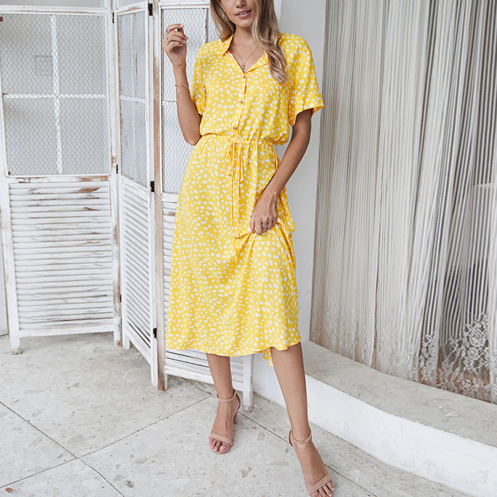 Women’s Polka Dot Button Summer Dress – Drawstring High Waist Knee Length