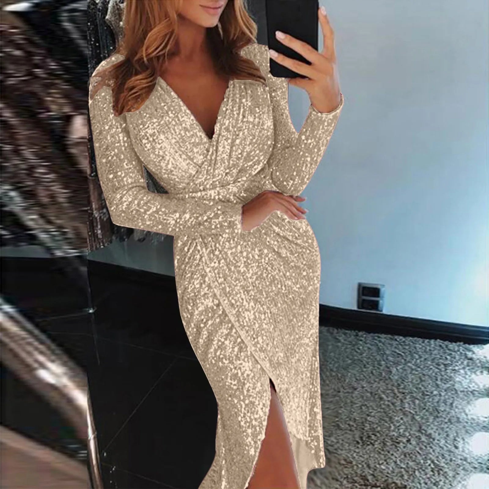 Women’s Slim Night Club Party Dress – Deep V Hot Stamp Wrap Hip Long Sleeve