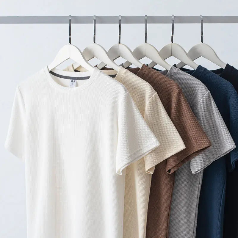 Men's Waffle-Knit Round Neck T-Shirt – Breathable Casual Summer Top