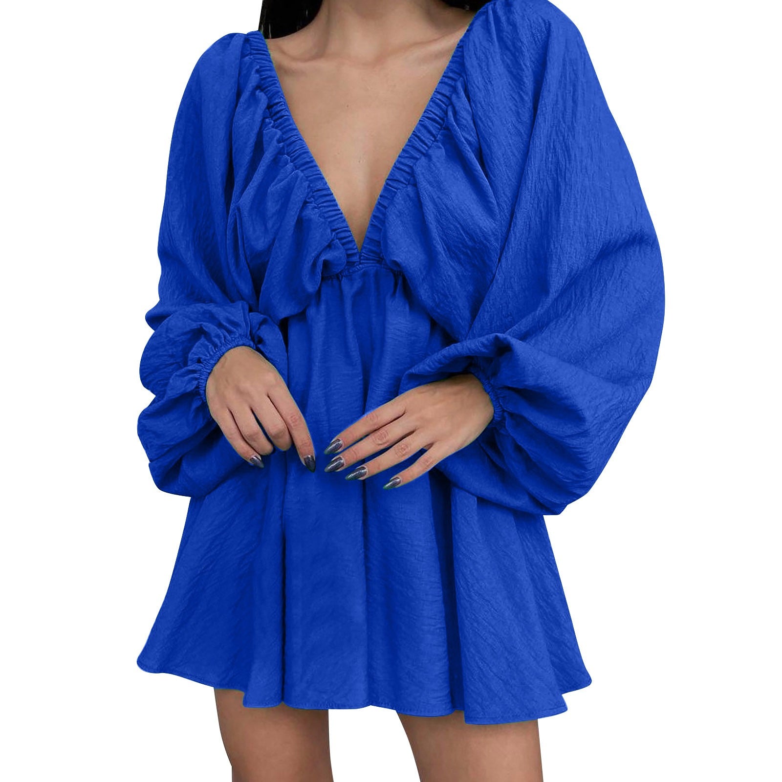 Women’s Deep V-Neck Pleated Wrap Dress – Elegant Long Sleeve Solid Casual
