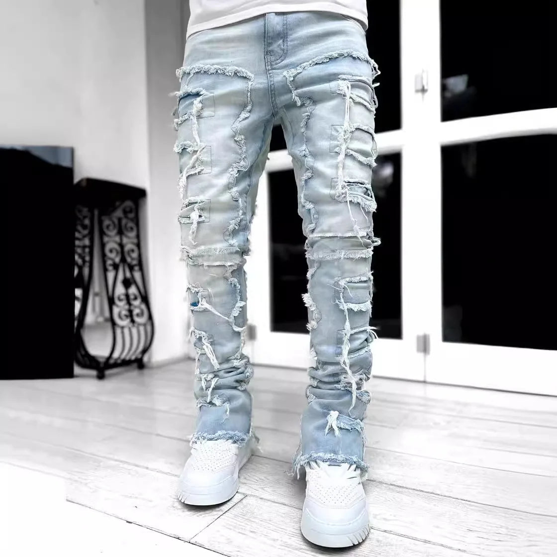 Men's Straight Leg Stretch Jeans – Jacquard Denim Hip-Hop Streetwear