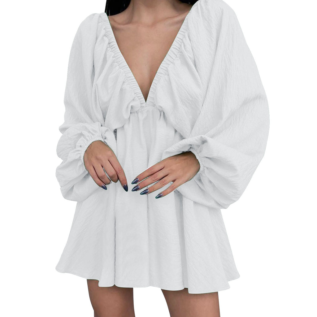 Women’s Deep V-Neck Pleated Wrap Dress – Elegant Long Sleeve Solid Casual