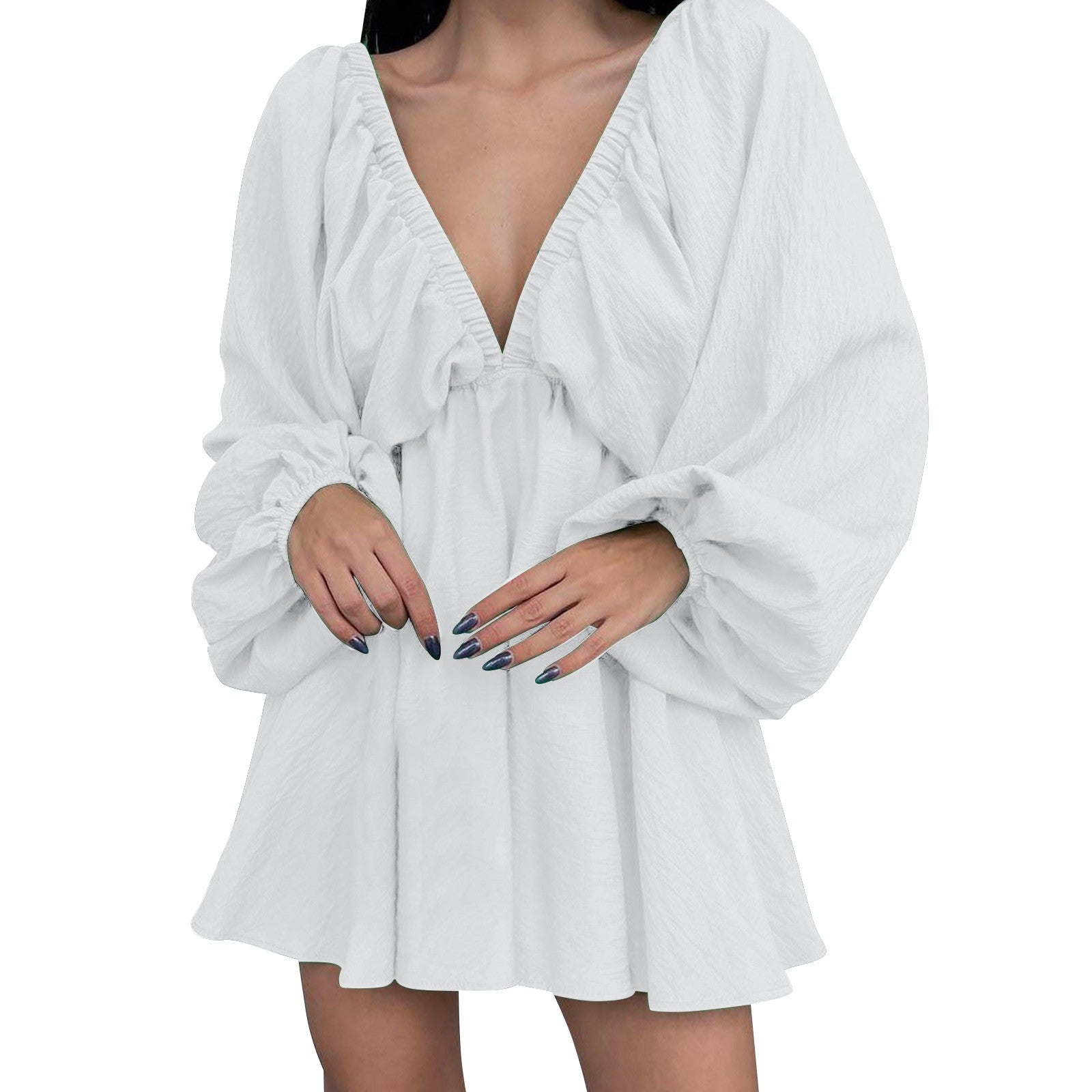 Women’s Deep V-Neck Pleated Wrap Dress – Elegant Long Sleeve Solid Casual