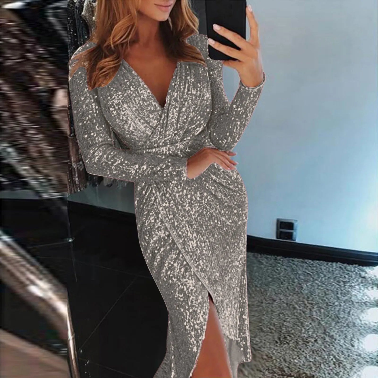 Women’s Slim Night Club Party Dress – Deep V Hot Stamp Wrap Hip Long Sleeve