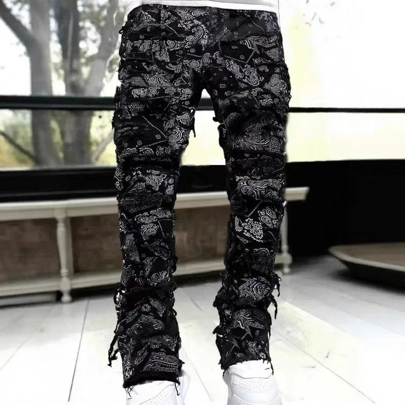 Men's Straight Leg Stretch Jeans – Jacquard Denim Hip-Hop Streetwear