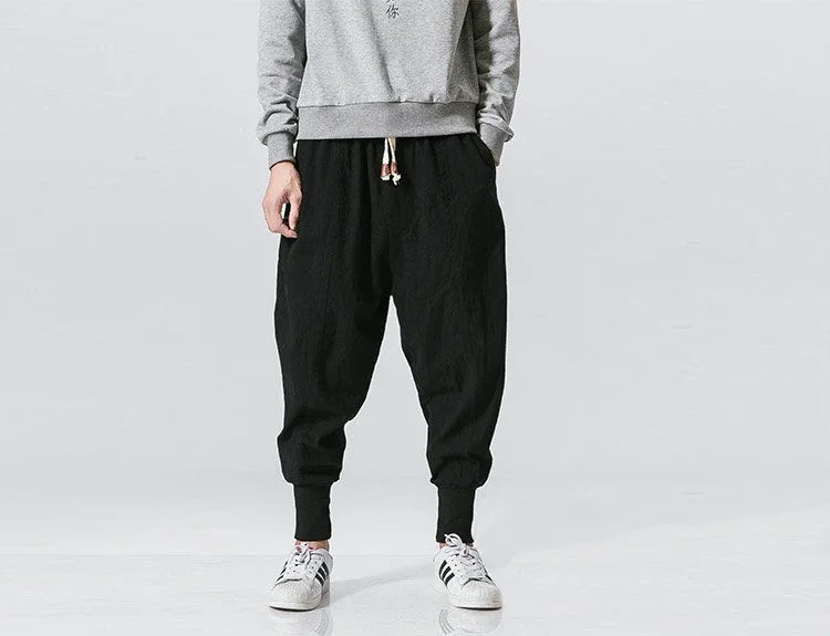 Men’s Cotton Linen Harem Jogger Pants – Baggy Drop-Crotch Streetwear Trousers