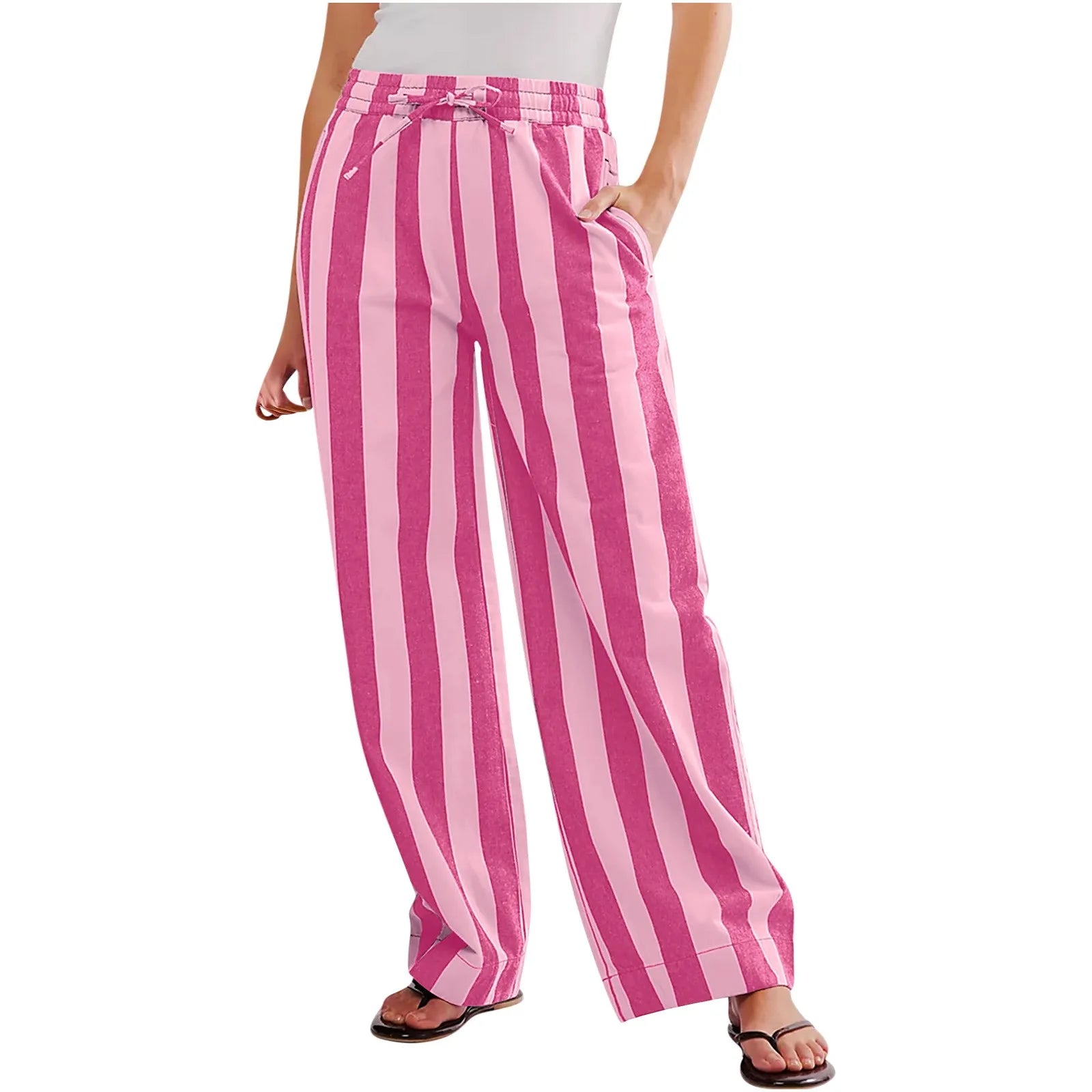 Women’s Striped High Waist Wide Leg Palazzo Pants – Color Block Lounge Trousers
