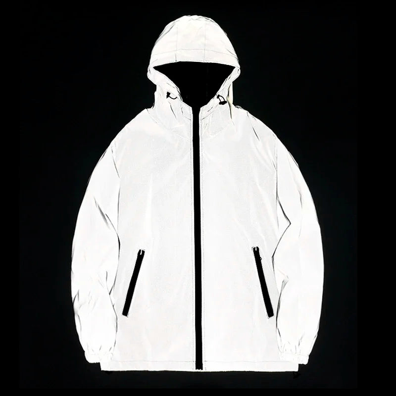 Men's Night Reflective Windbreaker – Waterproof Hip Hop Hooded Zip Jacket
