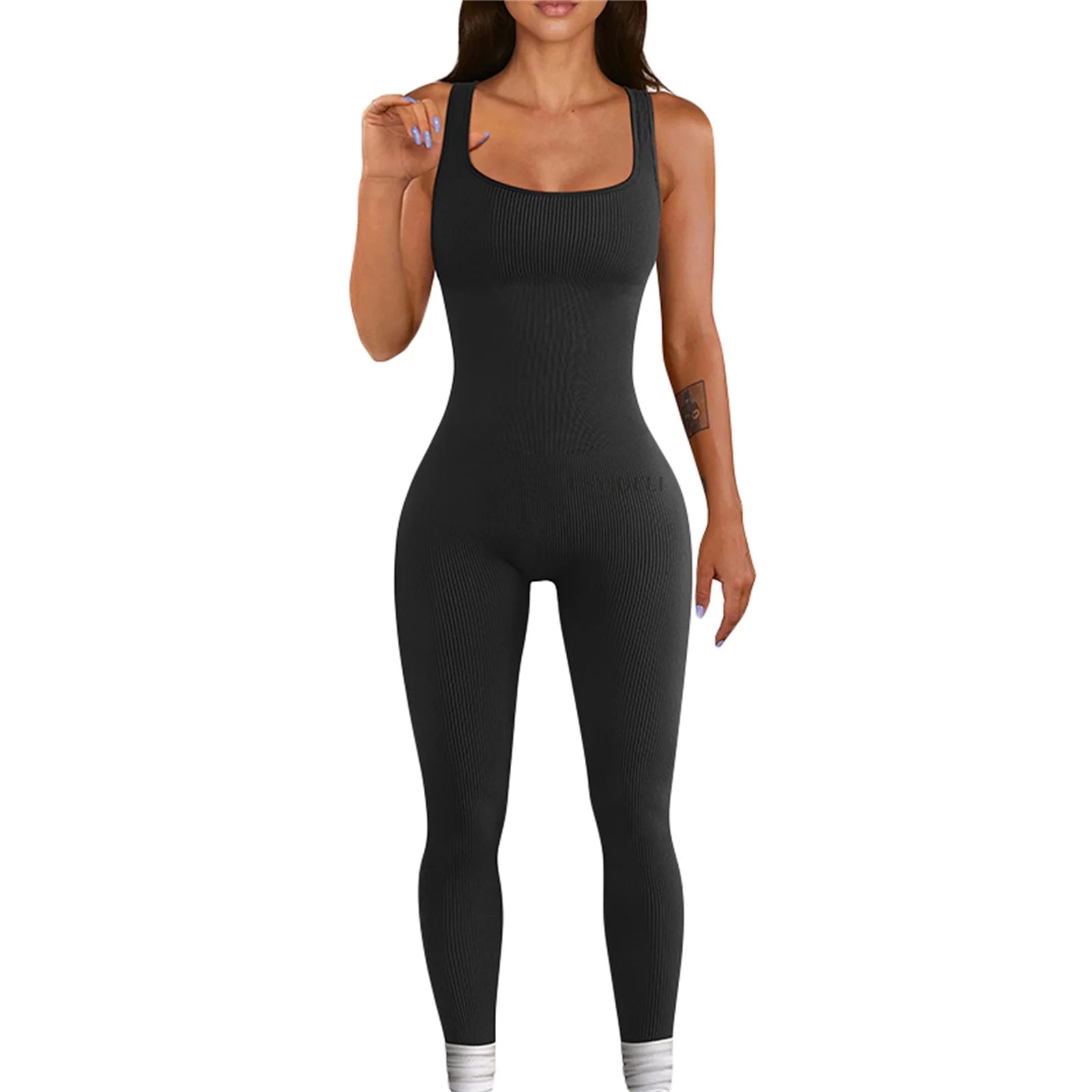 Women’s Sleeveless Bodycon Jumpsuit – Diamond Accent U-Neck Clubwear Romper