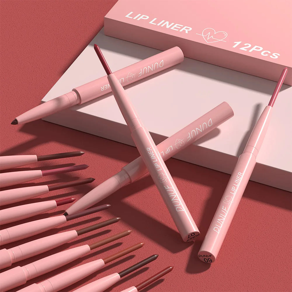 12-Color Matte Lip Liner Pencil Set – Waterproof Highly Pigmented Nude Pink