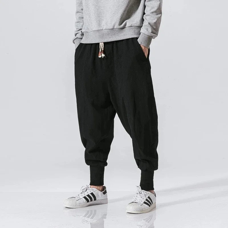 Men’s Cotton Linen Harem Jogger Pants – Baggy Drop-Crotch Streetwear Trousers