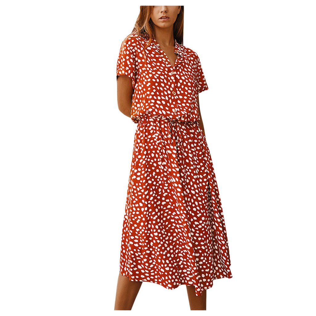 Women’s Polka Dot Button Summer Dress – Drawstring High Waist Knee Length