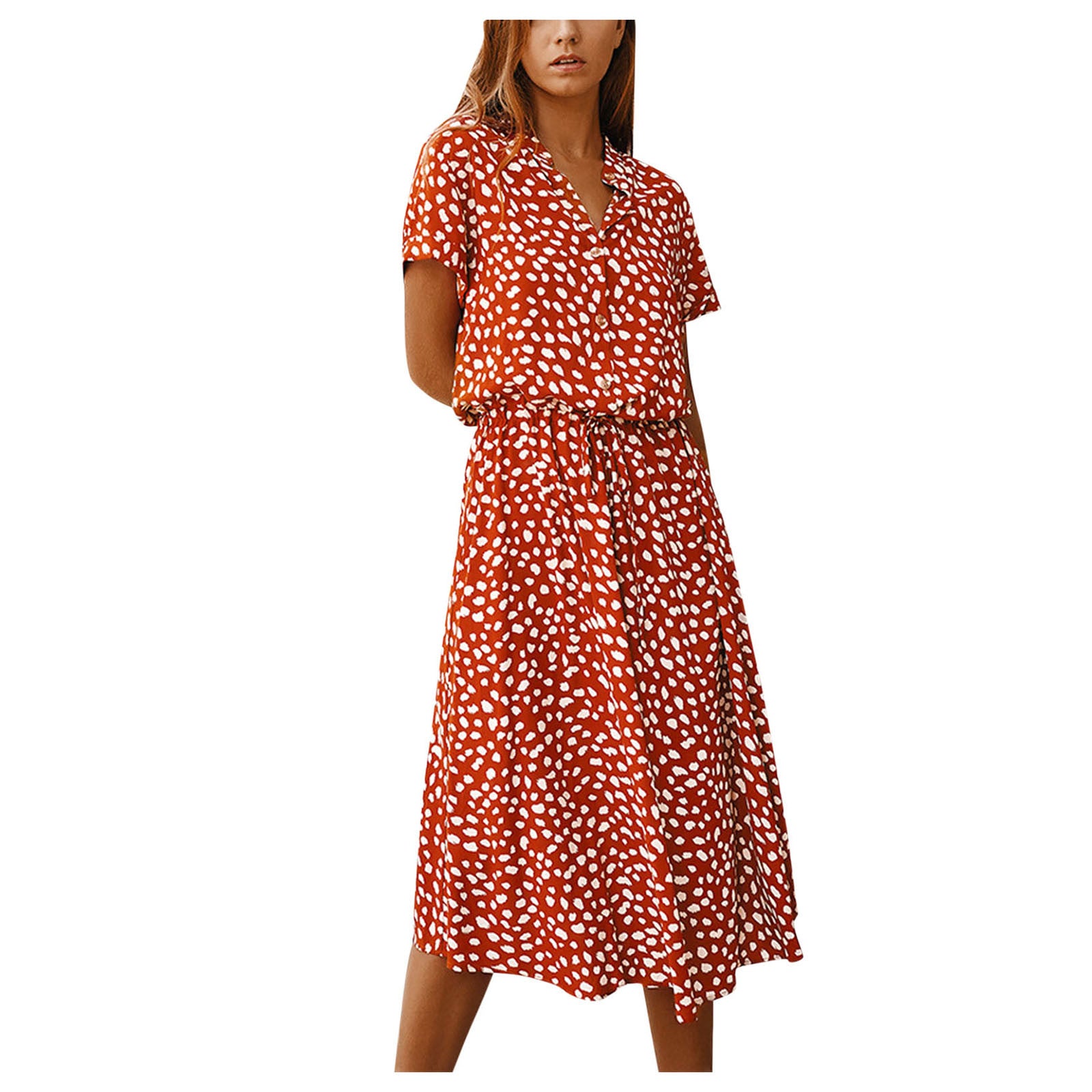 Women’s Polka Dot Button Summer Dress – Drawstring High Waist Knee Length