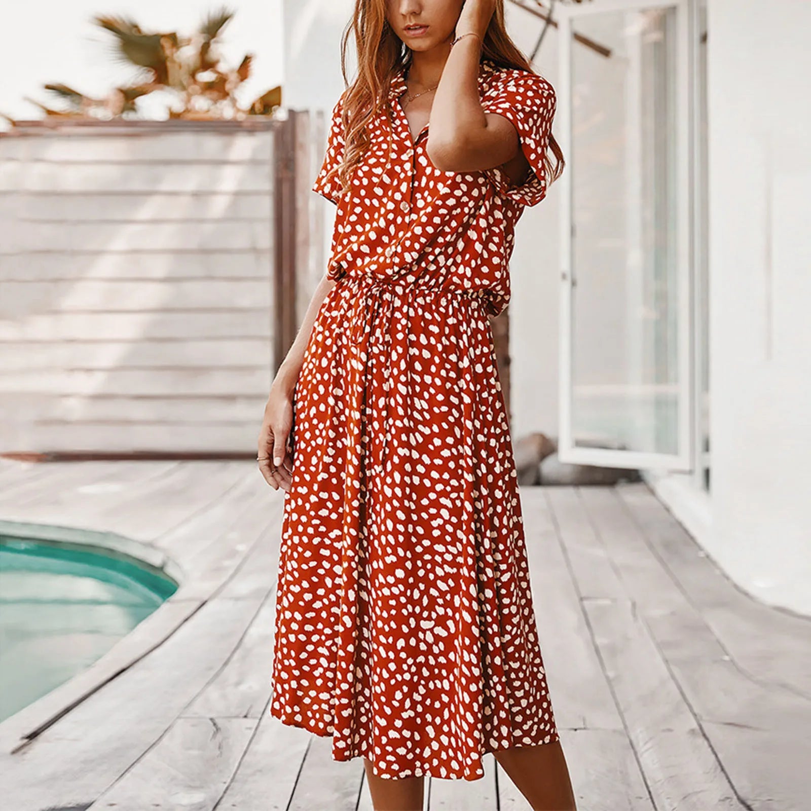 Women’s Polka Dot Button Summer Dress – Drawstring High Waist Knee Length