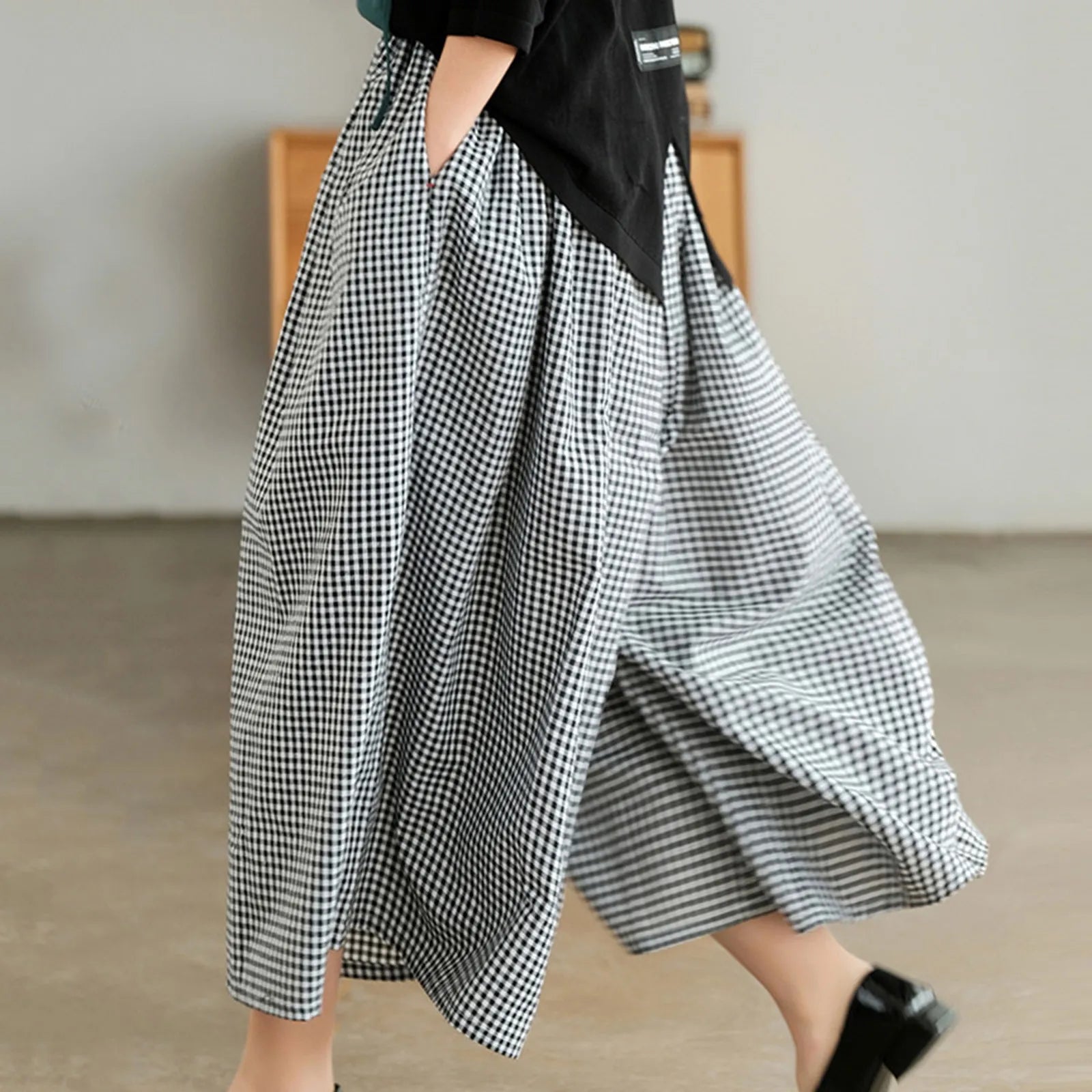 Women’s High Waist Checkered Wide Leg Culotte Pants – A-Line Pocket Trousers