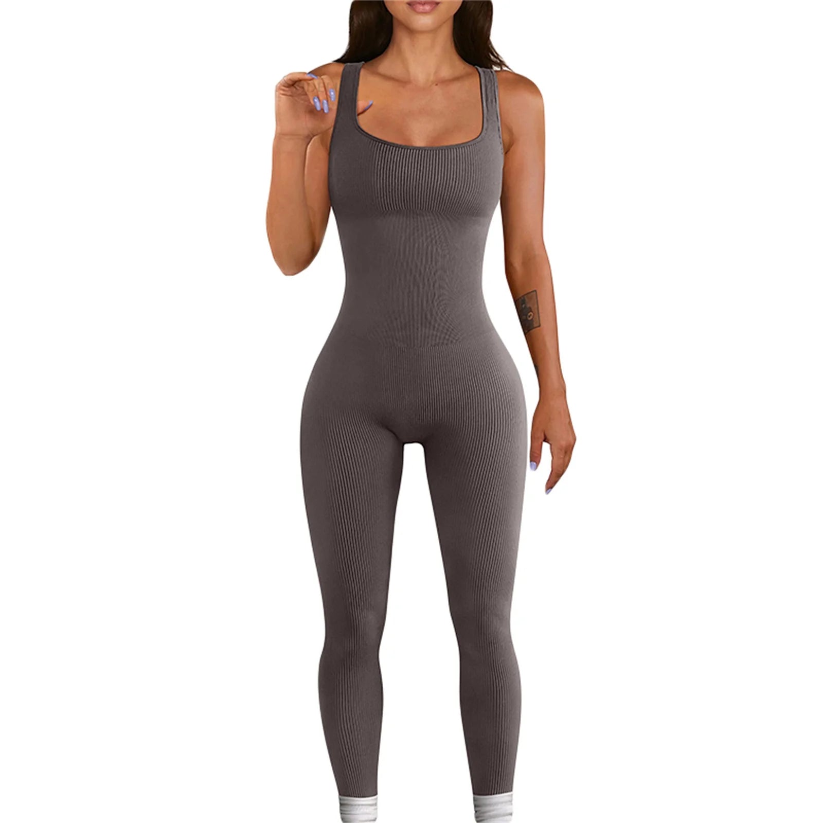 Women’s Sleeveless Bodycon Jumpsuit – Diamond Accent U-Neck Clubwear Romper