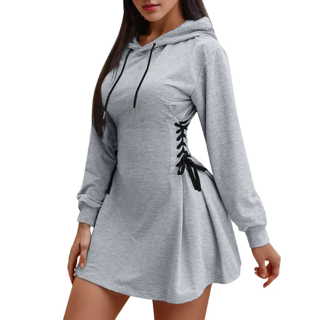 Women’s Hooded Sweatshirt Dress – Lace-Up Waist Long Sleeve Pullover Hoodie