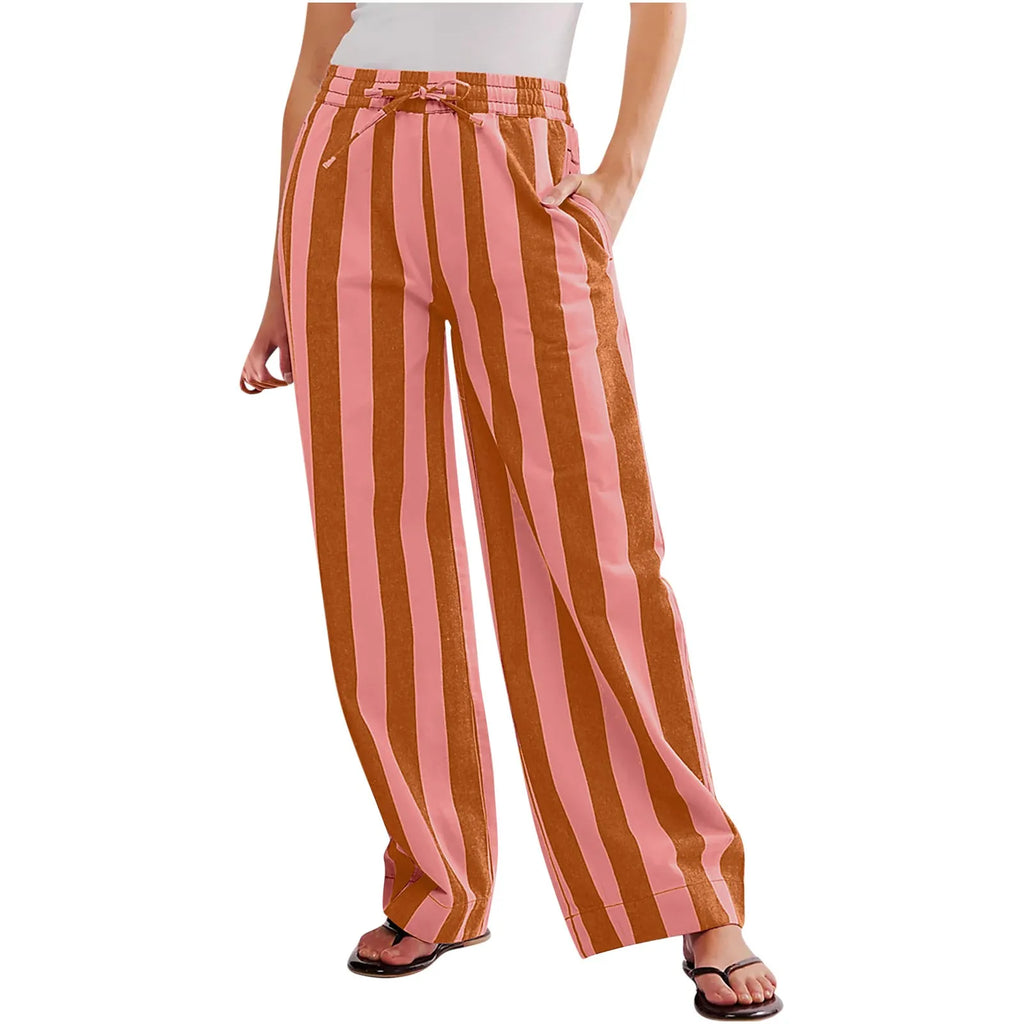 Women’s Striped High Waist Wide Leg Palazzo Pants – Color Block Lounge Trousers