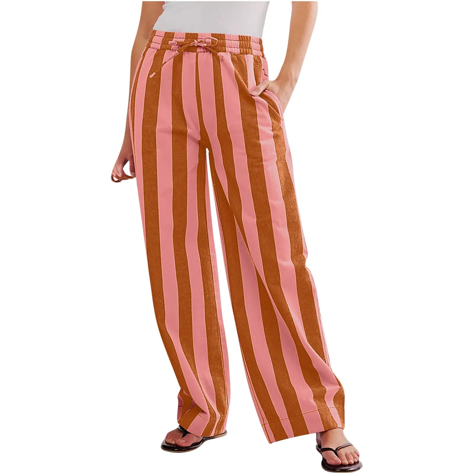 Women’s Striped High Waist Wide Leg Palazzo Pants – Color Block Lounge Trousers