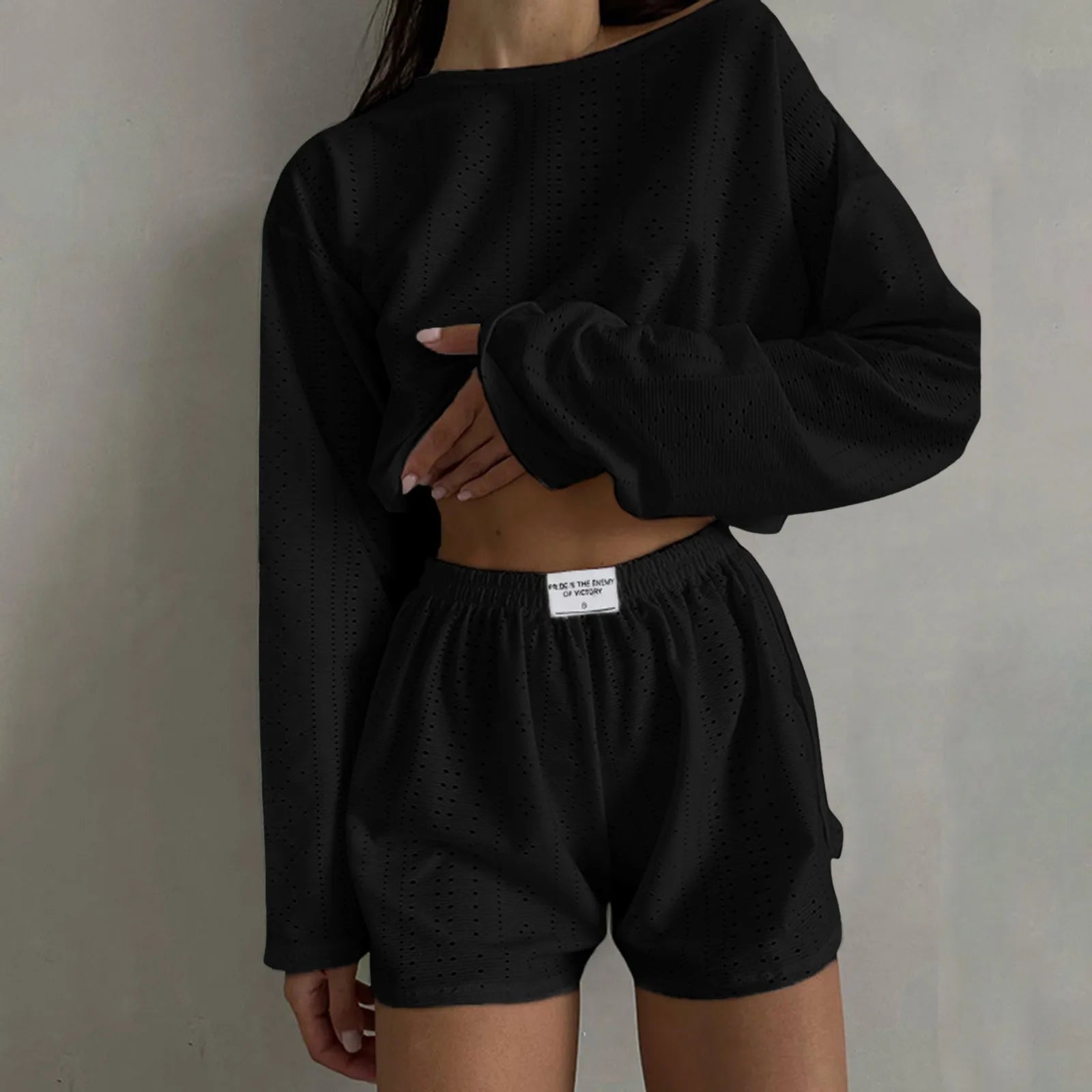 Women’s 2-Piece Casual Shorts Set – O-Neck Long Sleeve Lounge Co-ord Outfit
