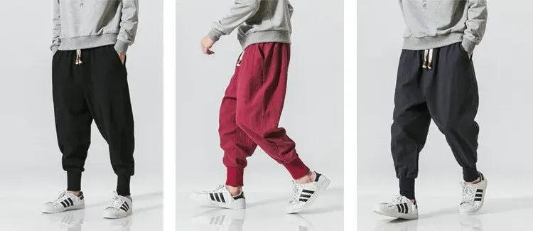 Men’s Cotton Linen Harem Jogger Pants – Baggy Drop-Crotch Streetwear Trousers
