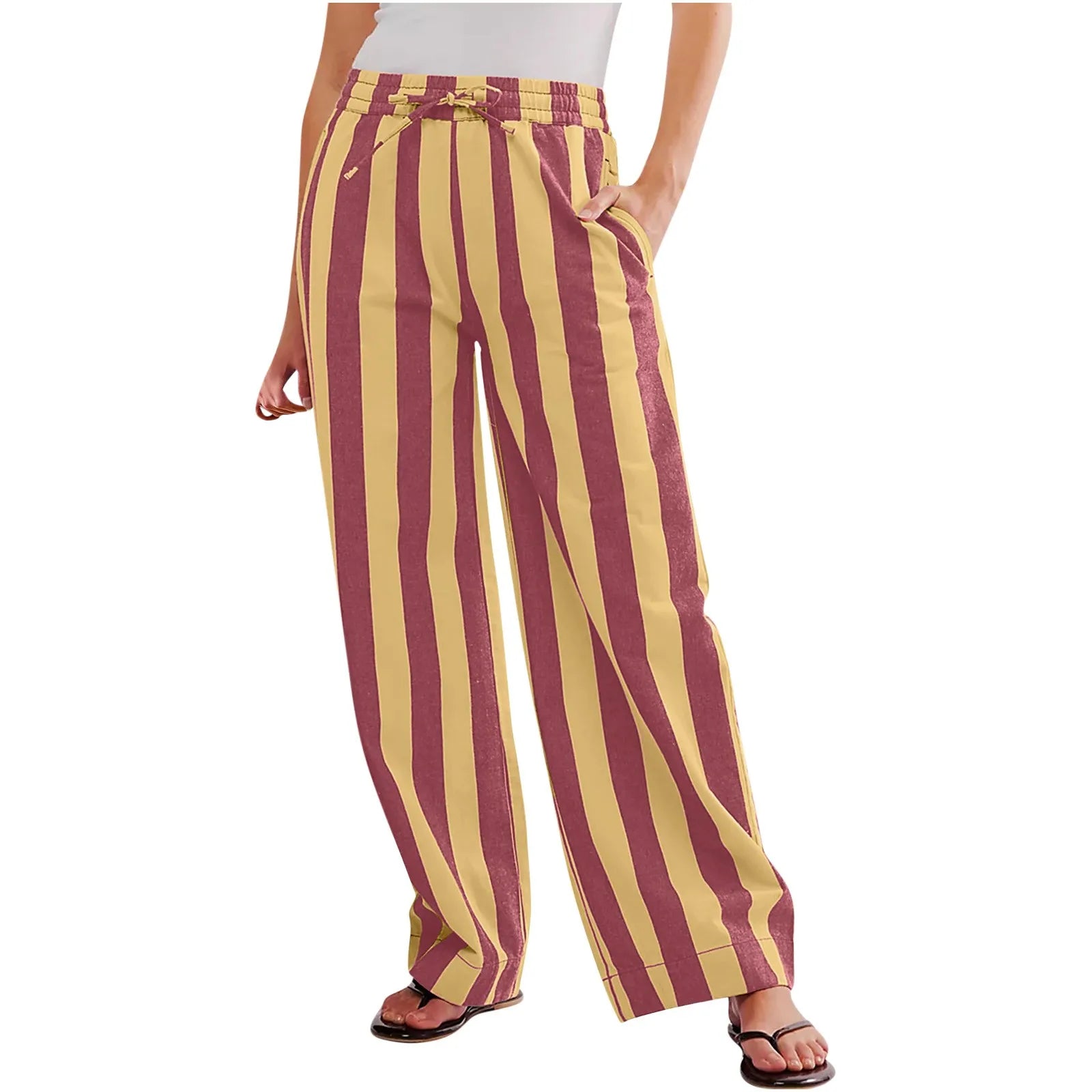 Women’s Striped High Waist Wide Leg Palazzo Pants – Color Block Lounge Trousers