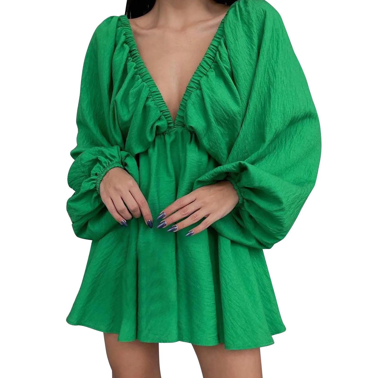 Women’s Deep V-Neck Pleated Wrap Dress – Elegant Long Sleeve Solid Casual
