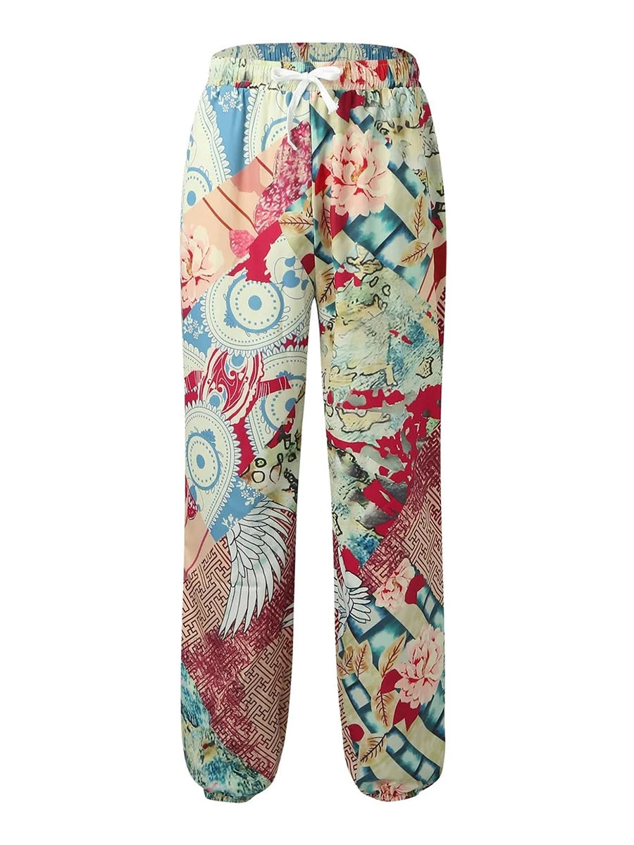 Men’s Floral Print Cargo Jogger Pants – Multi-Pocket Streetwear Hip-Hop Style